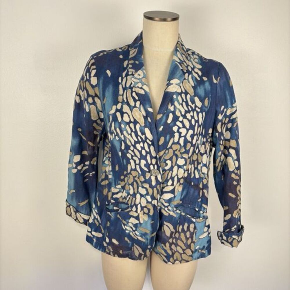 Coldwater Creek Blue Abstract Print Blazer Small Linen Blend Art To Wear